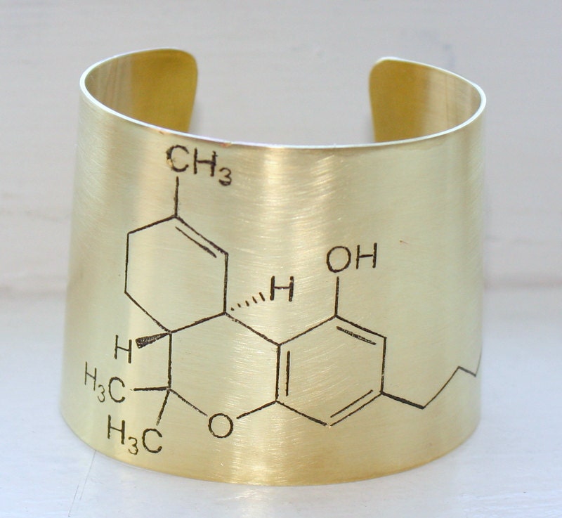 THC Molecule Etched Brass Cuff Bracelet