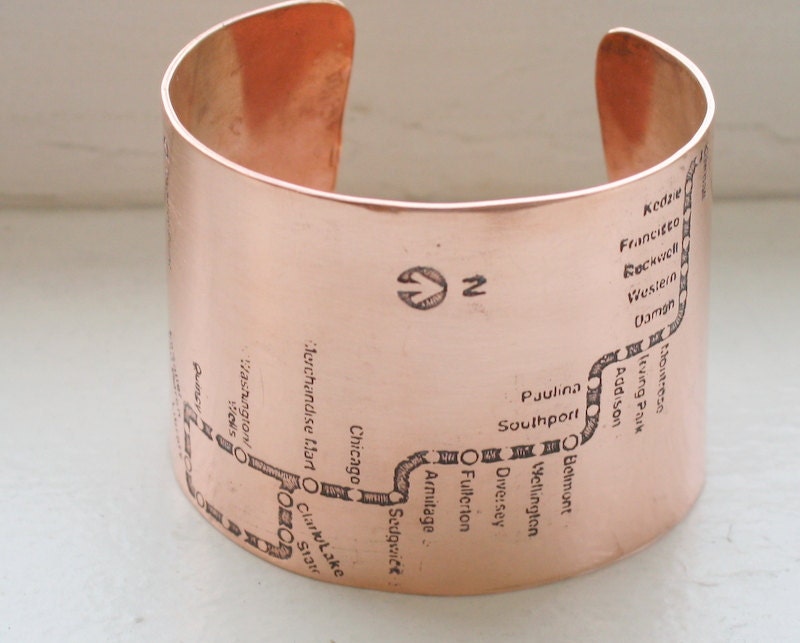 Chicago Subway CTA Map Copper Cuff Bracelet - Brown Line