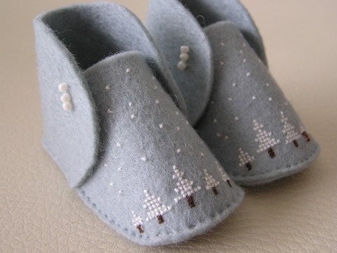 Mini baby shoes - HAND EMBROIDERED - snowy woods on watery blue