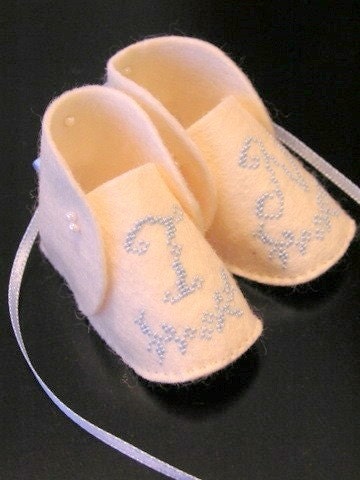 CUSTOM mini baby shoes - HAND EMBROIDERED - clear aqua on ivory