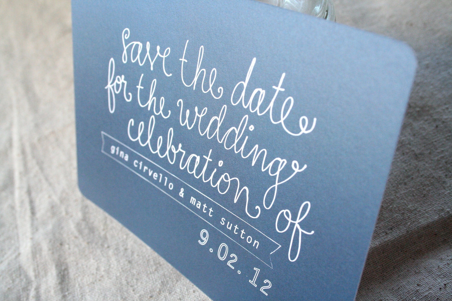Handwritten Navy Metallic Save the Date Postcard