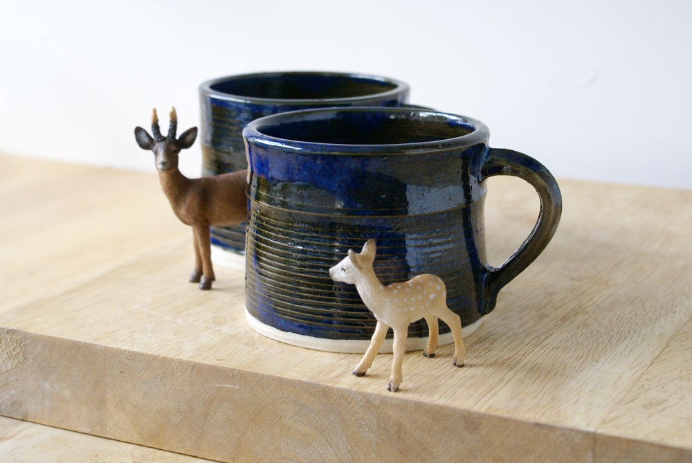 Set of two handmade tea mugs - stoneware pottery mugs glazed in midnight blue