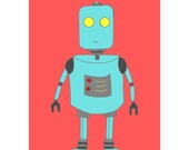 Children's Art, Malachi The Robot 8x10 Children Giclee Art Print, Digitally Colored, Blue And Red
