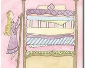 Princess Art, The Princess And The Pea Fairy Tale, 5x7 Picture, Children Giclee Art Print, Pink And Purple