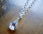 Silver Teardrop Vintage Czech Rhinestone Necklace Pendant - Bridesmaid Wedding