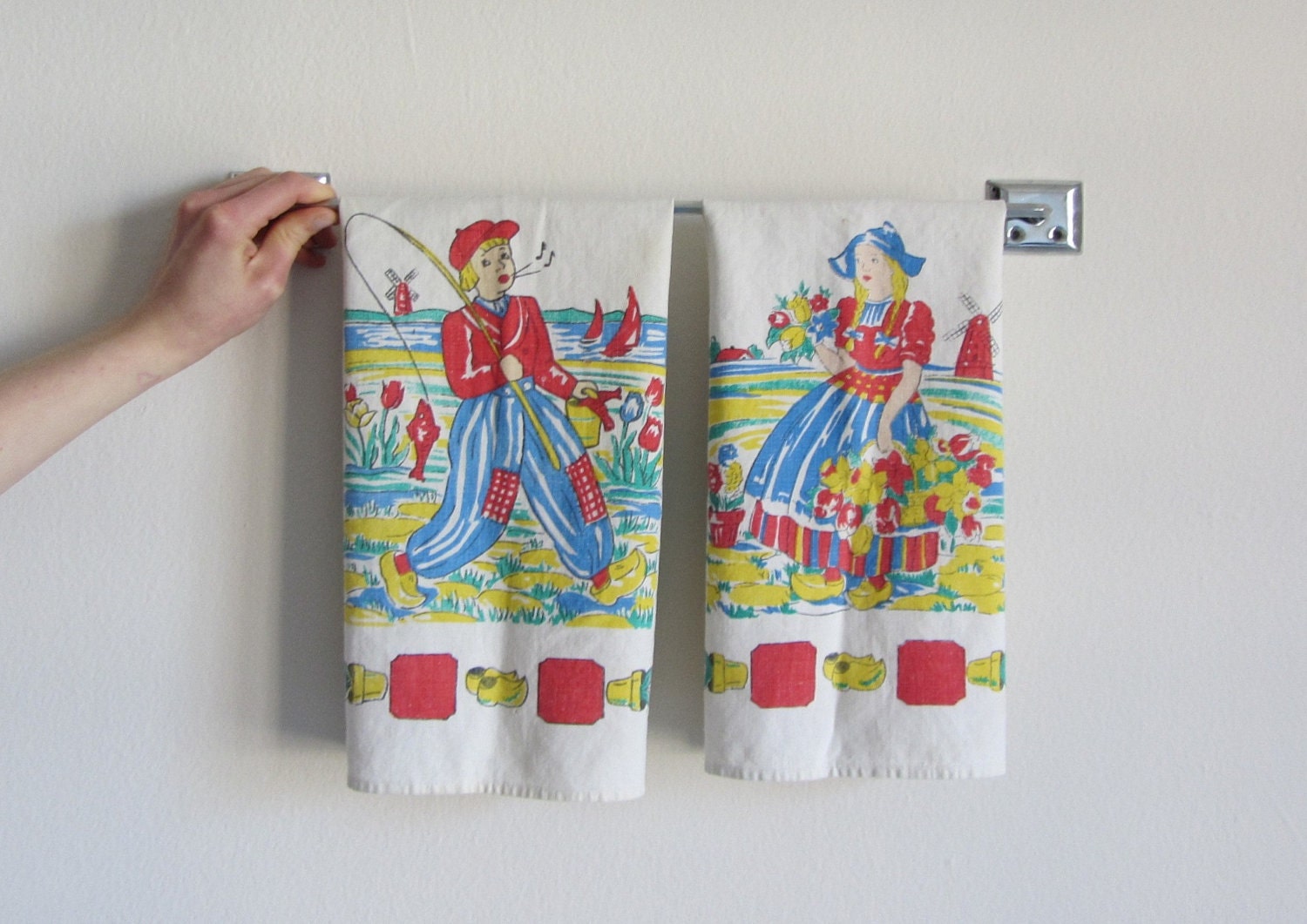 dutch boy girl linen tea towel matching set . 1950 rustic kitchen decor .sale s a l e
