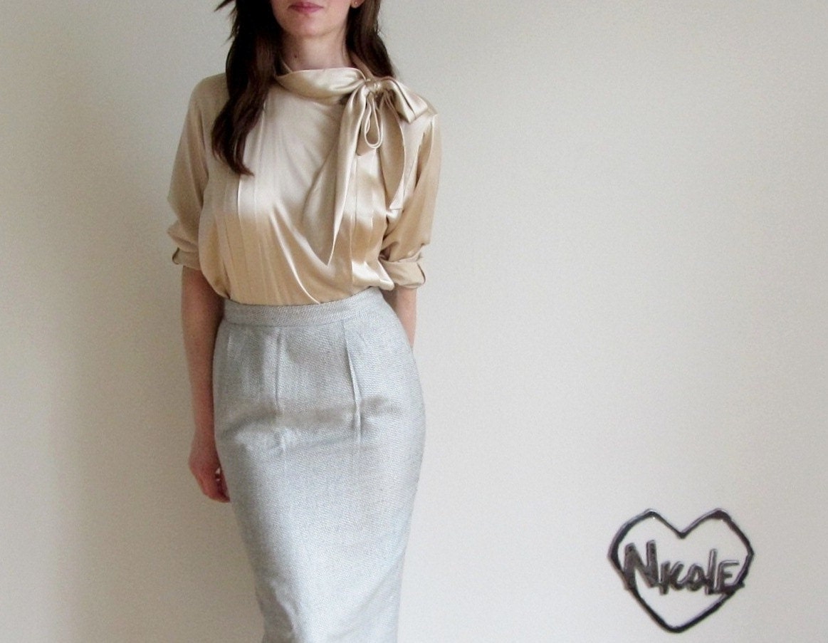 pale gold silk blouse . pussy bow ascot plus PLEATS .medium.large.extra large.xl .sale