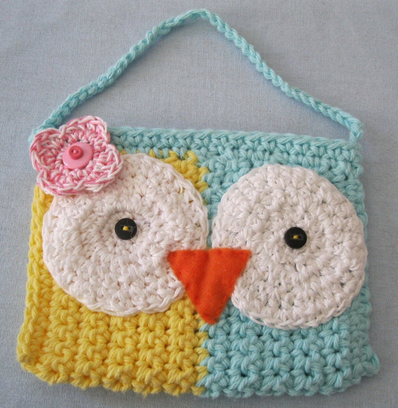 Children's Purse  Crochet Owl  with Pink Flower   Blue and Yellow Purse