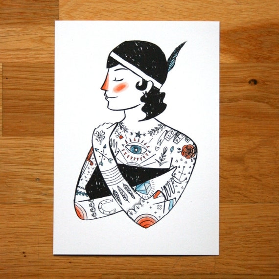 The Illustrated Lady - hand coloured screen-print