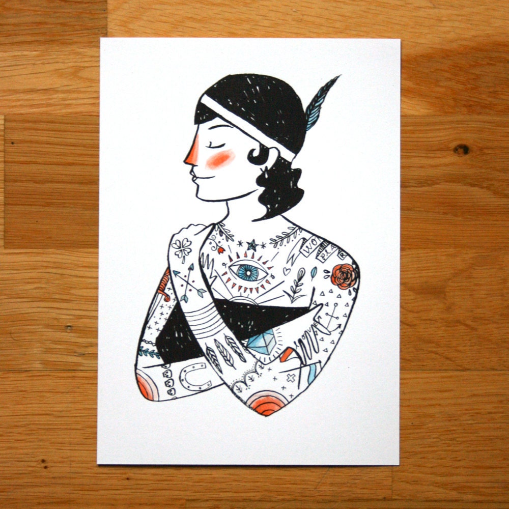 The Illustrated Lady - hand coloured screen-print