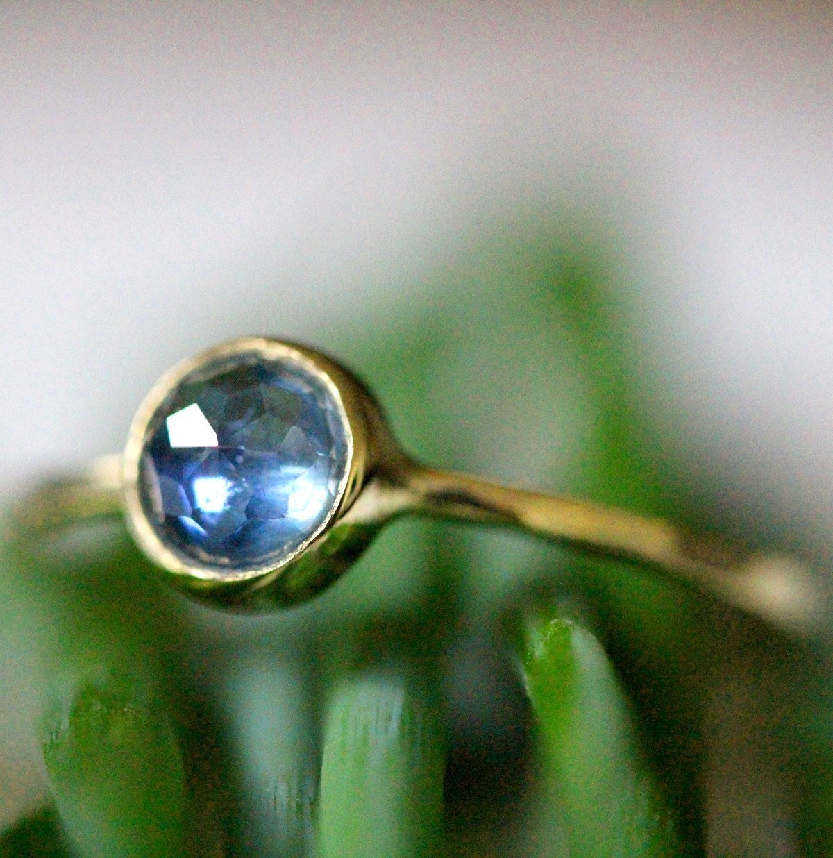 Rose Flower Cut Blue Sapphire In 14K Gold Ring - Made To Order