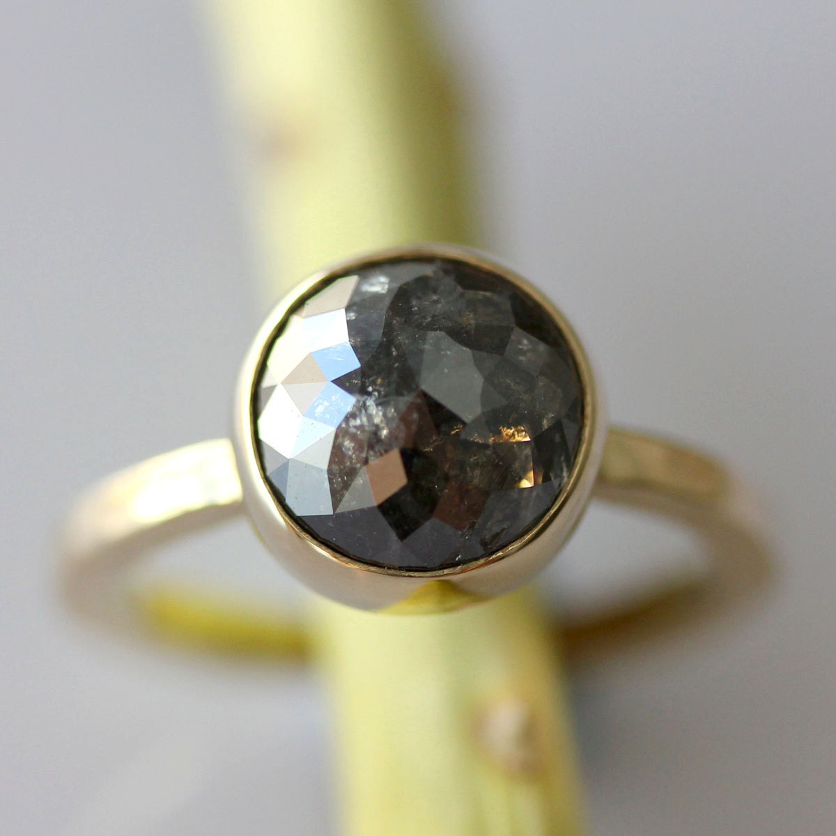 Fancy Rose Cut Black Diamond In 14K Yellow Gold Engagement Ring - Ready To Ship