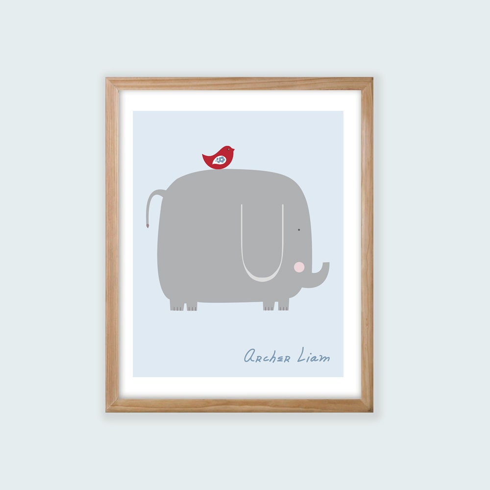 Printable Personalized Nursery Wall Art. Elephant & Bird. Boy or Girl Styles