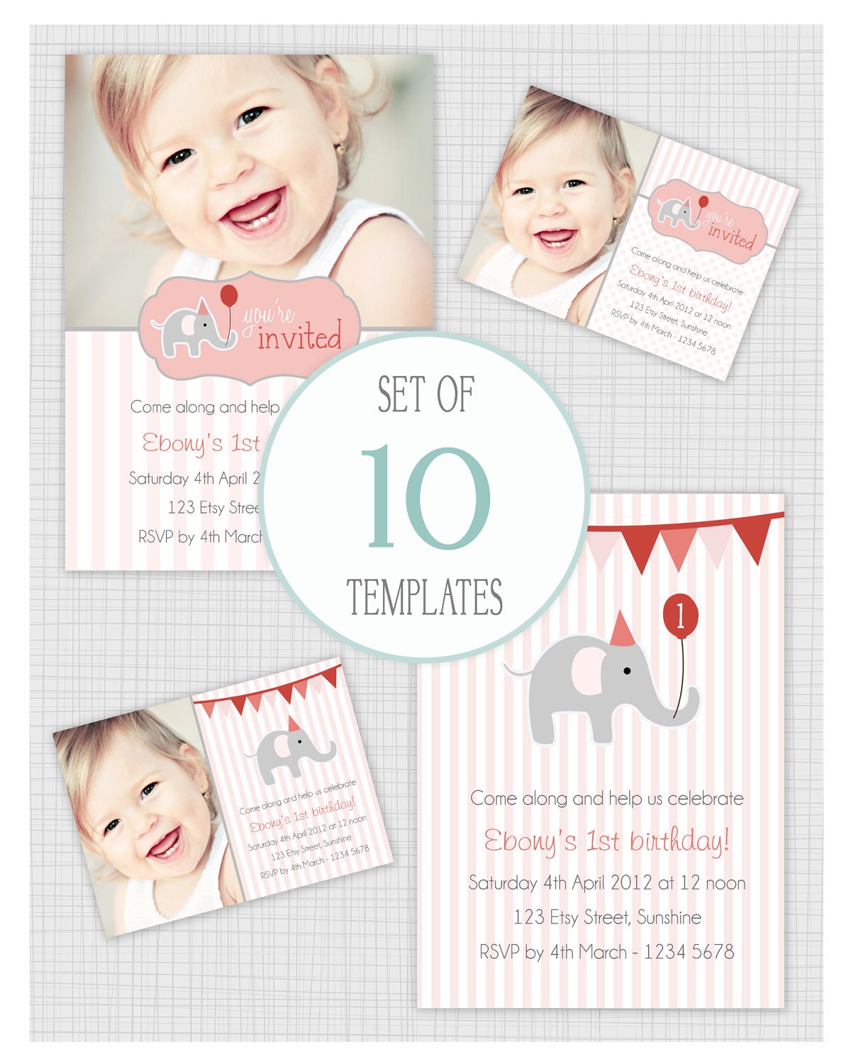 10 PSD girls invitation templates. Mini Pack 2. Party Elephants. Il_170x135