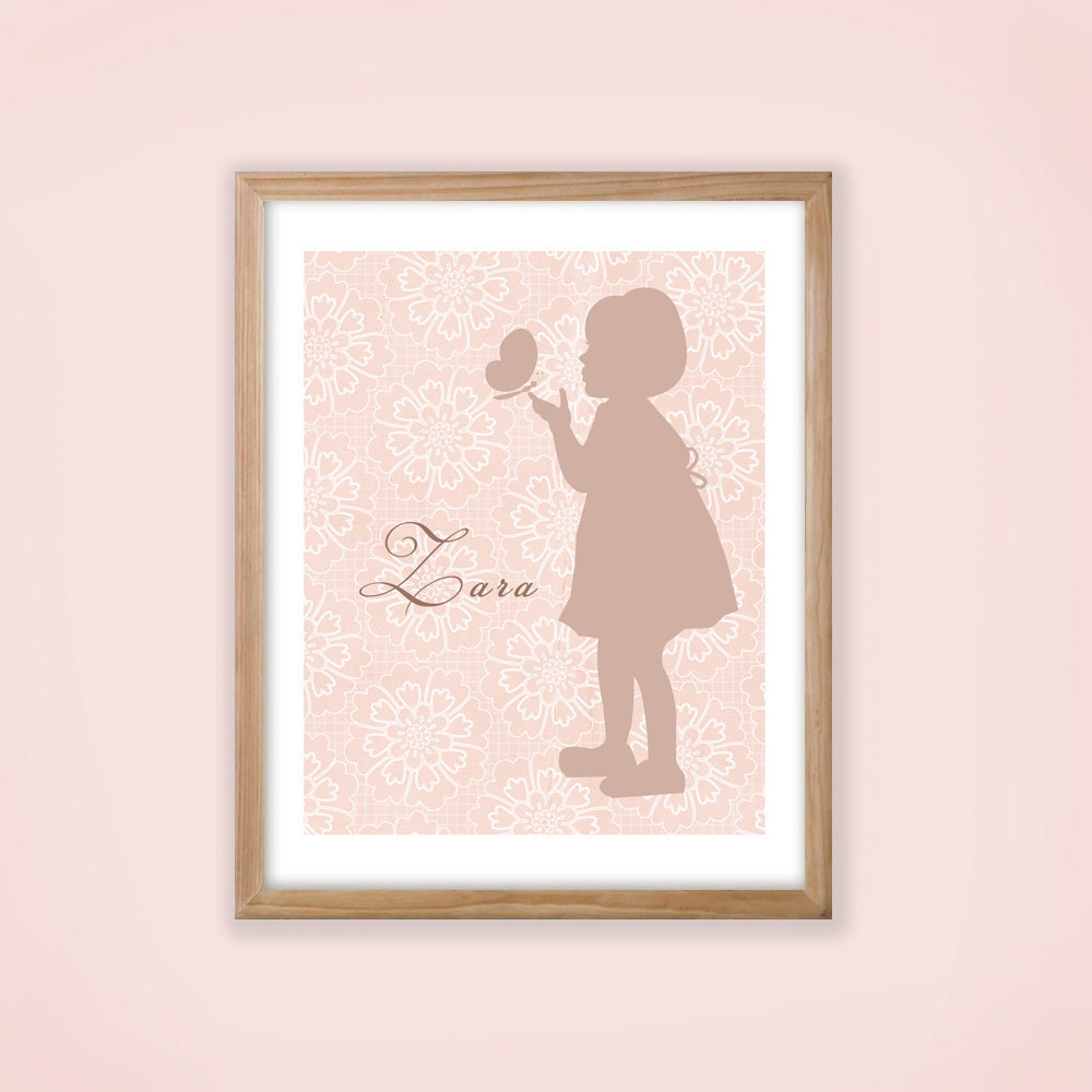 Printable Personalized Nursery Wall Art. Girl with butterfly Silhouette.
