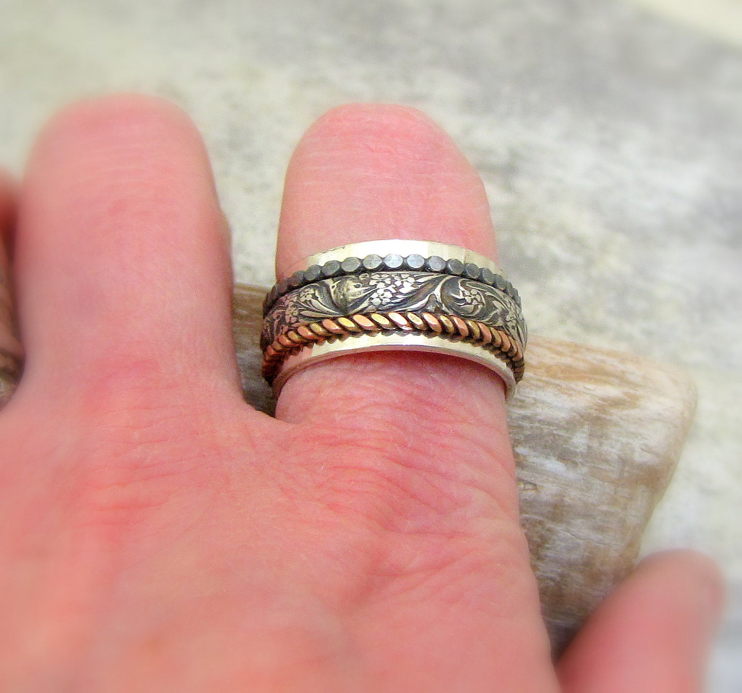Silver Spinner Ring Floral Spinner Ring Dot, Brass/Copper Twist Spinner Ring Fidget Ring