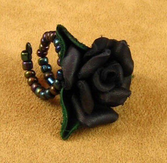 Black Leather Rose Ring