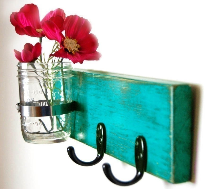 turquoise key hook wall key hanger mason jar vase cottage style handmade - OldNewAgain