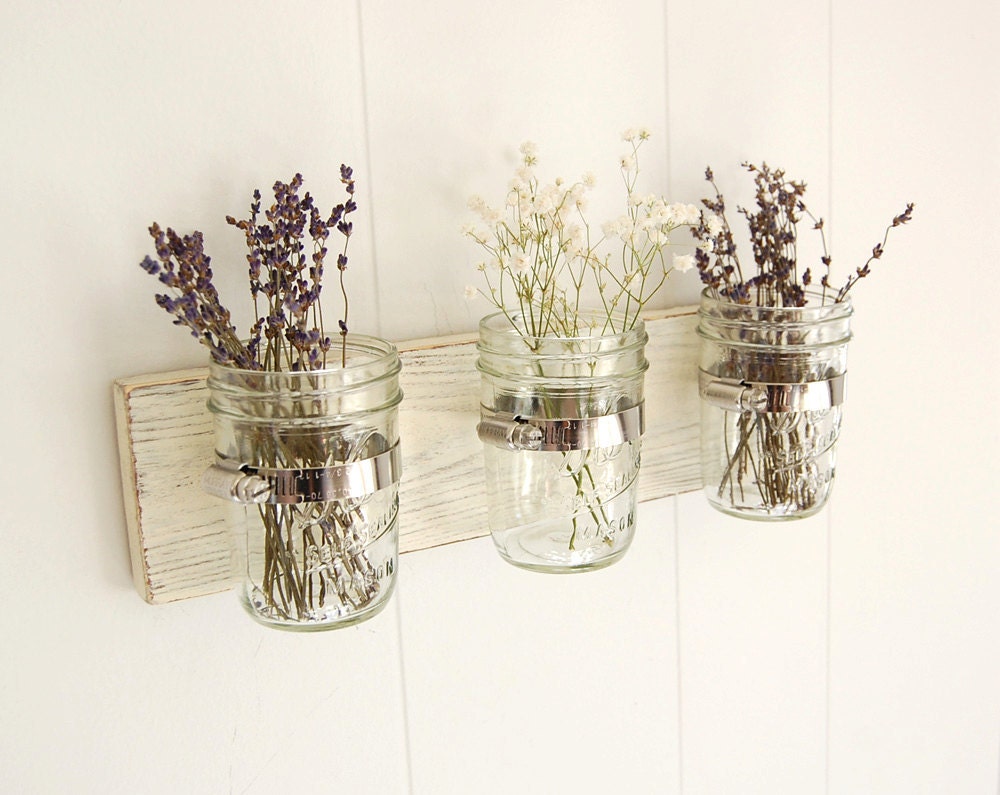 mason jar shabby chic wood wall organizer vintage white -or- you choose the color - OldNewAgain