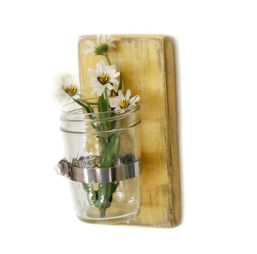 mason jar Glass single vase cottage decor wooden wall organizer EARTH YELLOW
