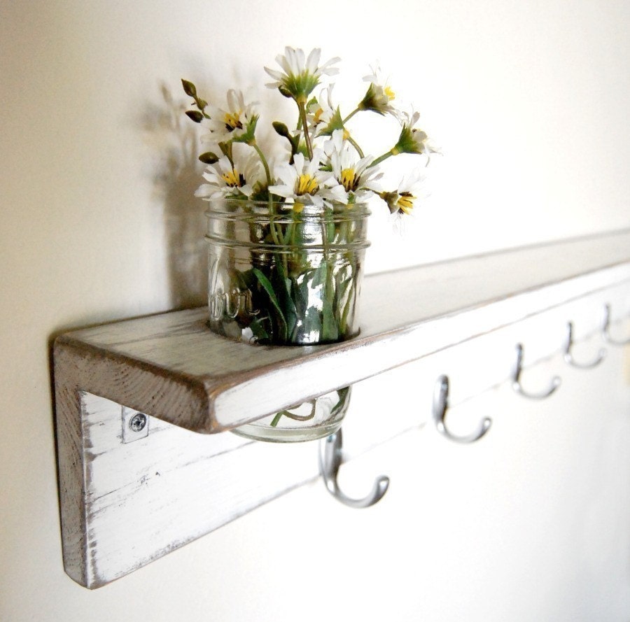 White Shelf wall organizer coat hanger 36 inch rustic shelf