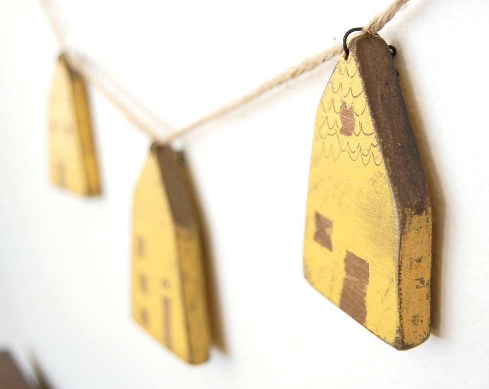 cottage style decor wooden yellow houses handpainted upcycled recycled garland