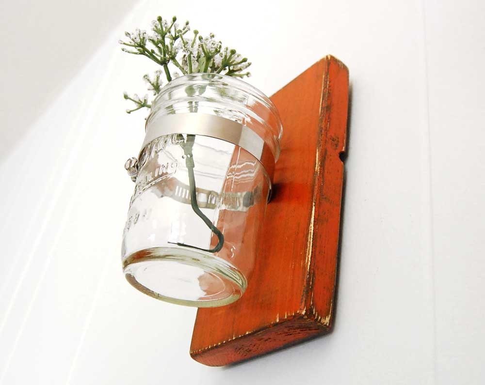 primitive wall decor mason jar vase wood single vase - Poppy Orange