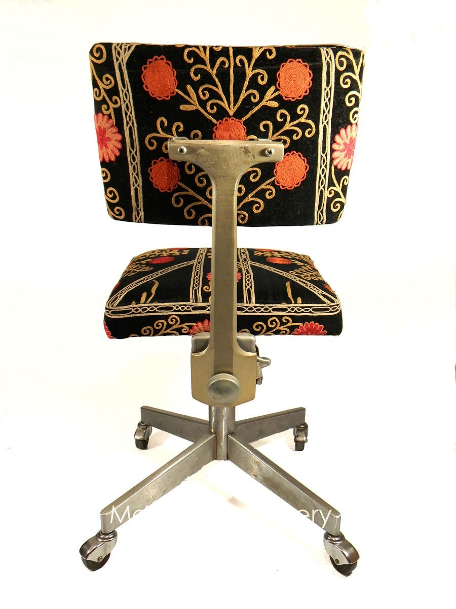 Suzani Office Chair - Blooming Pomegranate Tree - 1950's Black Velvet