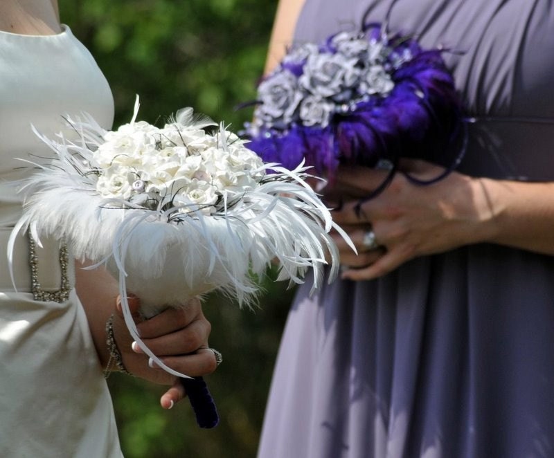 Unique Bridal Bouquets Featuring Handmade Paper Flowers with Feather Accents