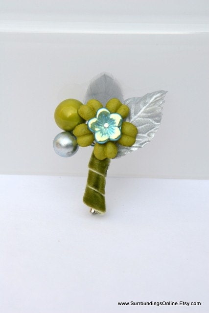 Fern Green and Silver Leaves Everlasting Boutonniere