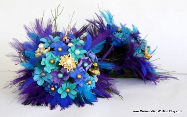 RUSH Enyclopedia Flower  Bouquet - Upcycled Vintage Bookpages with Peacock Accent