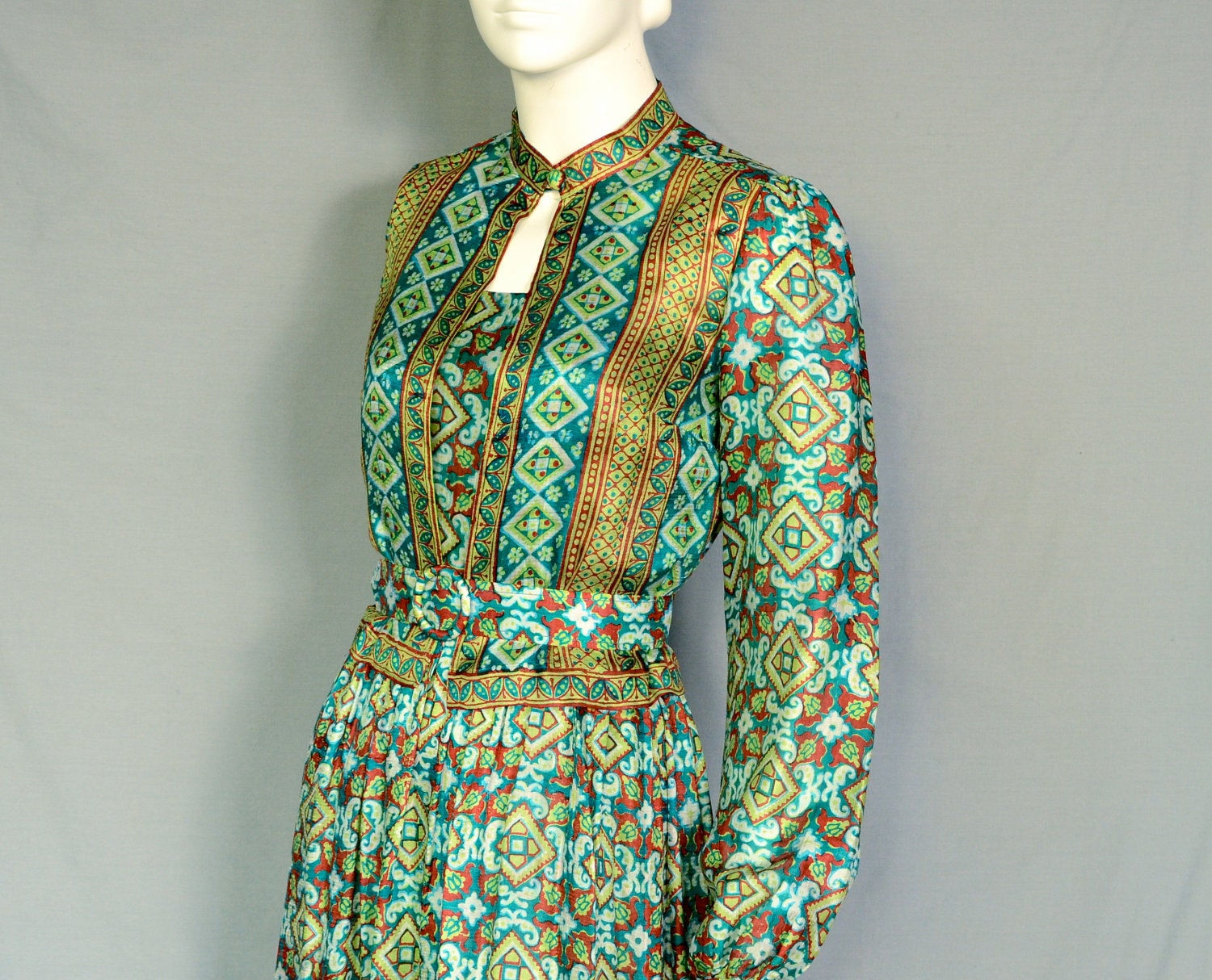 60s Green INDIA SILK Maxi Dress w/ Jacket - COLORFUL - Lightweight - Breezy - Hippie - S