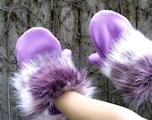 Faux Fur Mittens - Purple Pink and White Fur with Orchid Purple Fleece - purpleandlime