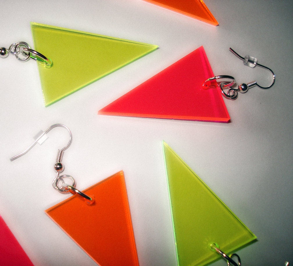 Neon Triangle Earrings, Modern Geometric Shapes in Pink, Green, or Orange Fluorescent Acrylic