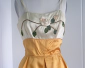 1950's Vintage Gold and Cream Cocktail Dress with Rose Applique