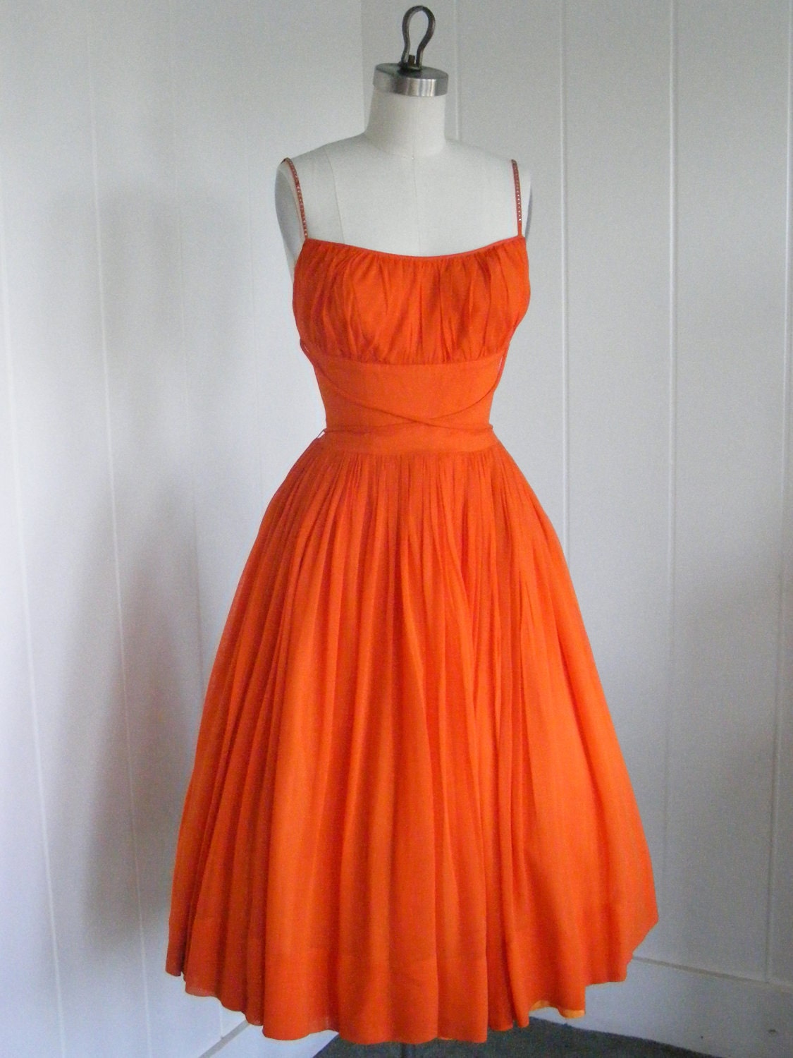 1950's VIntage  Tangerine Orange Shelf Bust Chiffon Prom Dress with Rhinestone straps.