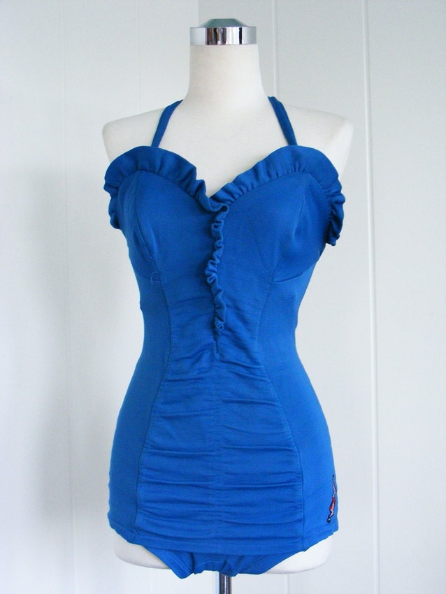 RESERVED 1950's Vintage Janzten Blue One Piece Swimsuit with Sweatheart Ruffled Neckline VLV Rockabilly Viva Las Vegas