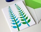 White, aqua turquoise and lime green blank folded 4x6 card - Seaweed fronds - summer at the beach, ocean blue marine colours