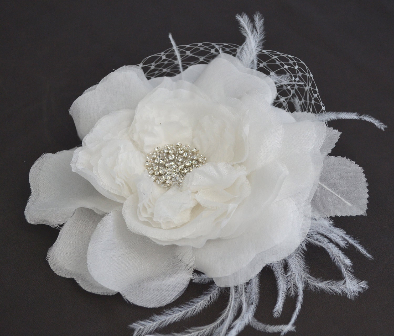 White Bridal Silk flower clip with Rhinestone.