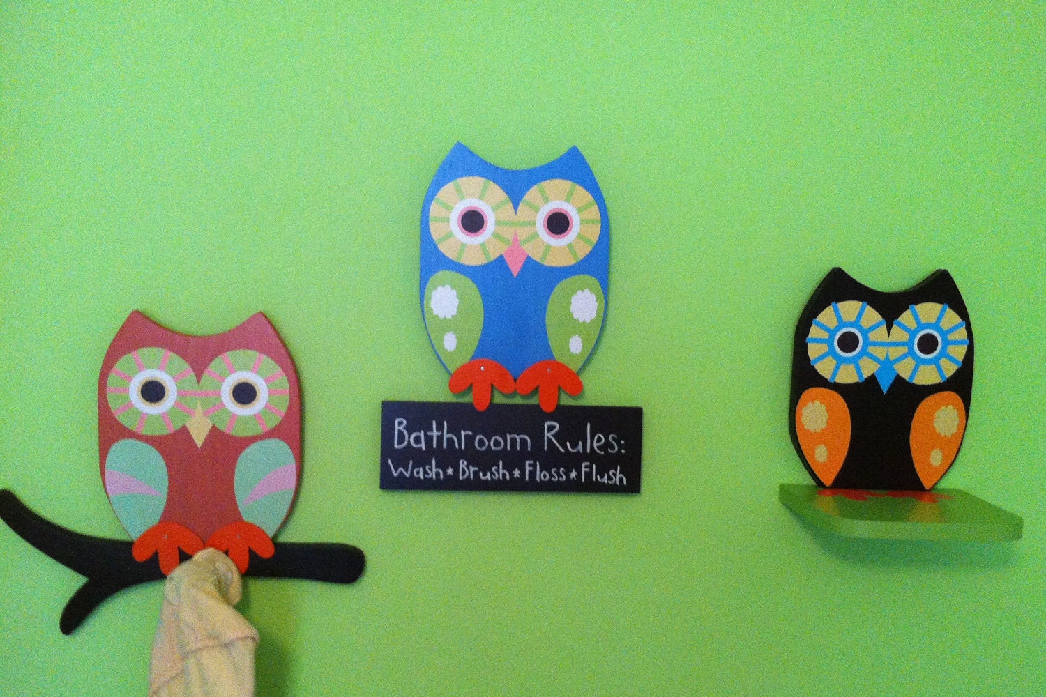 Owl Bathroom  Decor- Towel Rack, Barhtroom Rules Owl and Owl Shelf Set of 3 What A Hoot