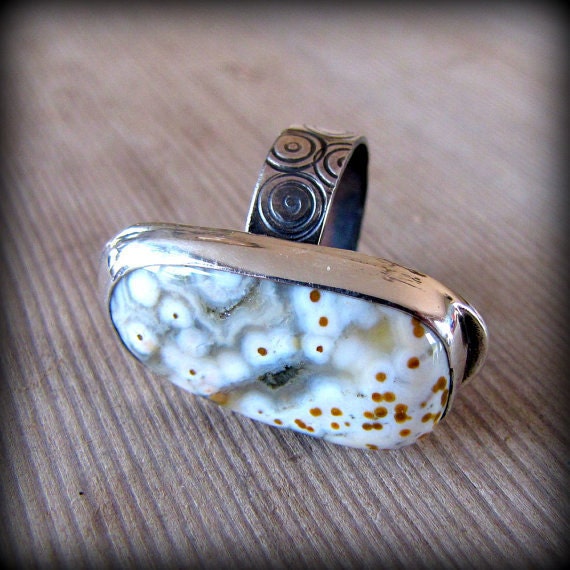 Ring, Ocean Jasper and .925 Sterling silver aged oxidized cocktail ring. Size 7 1/2