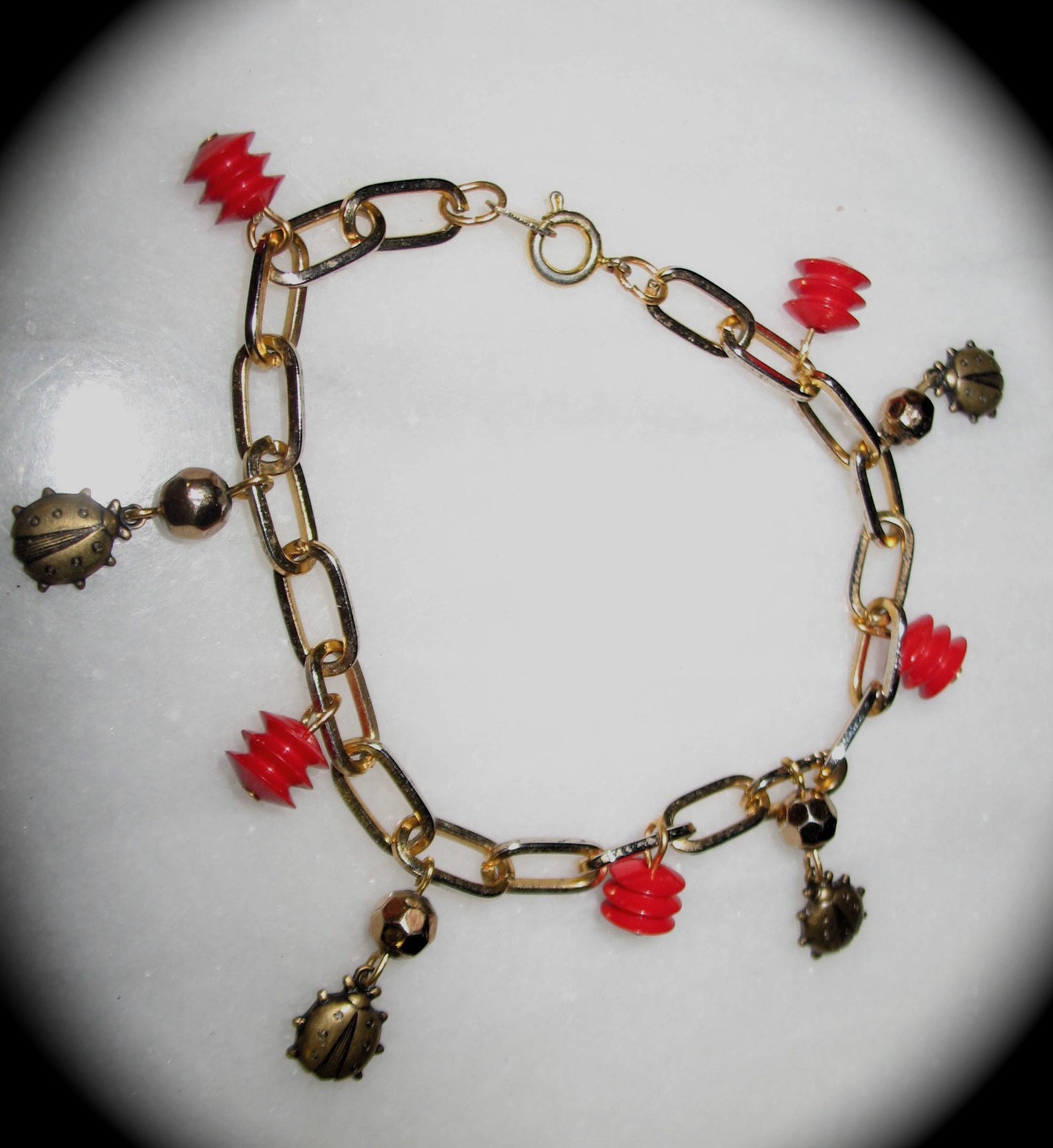 Lady Bug  Gold & Red Charm Bracelet Nature Lover Bracelet