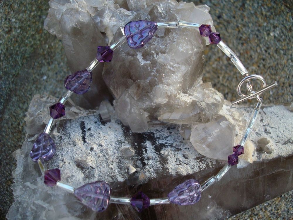 Violet And Crystal Bracelet ,Czech Glass, Swarovski Crystals, Sterling silver