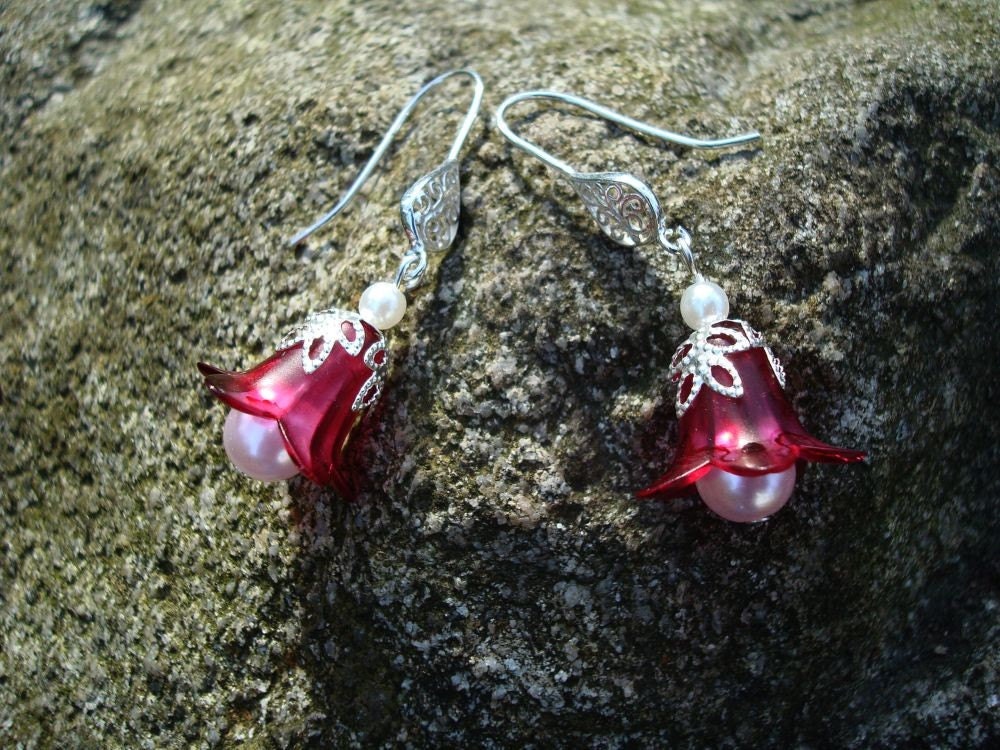 Lucite FlowerEarrings, Cranberry, Pearl, Czech Glass, White, Bali Sterling Silver