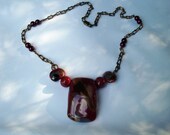 Kazuri Beaded Necklace, Vintaj Chain, Peony, Blue, Gray, Coffee, Czech Glass, Pearl