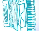LINOCUT PRINT - Accordion TURQUOISE teal block print 8x10 letterpress poster