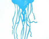 LINOCUT PRINT - Jellyfish LETTERPRESS light blue poster 8x10