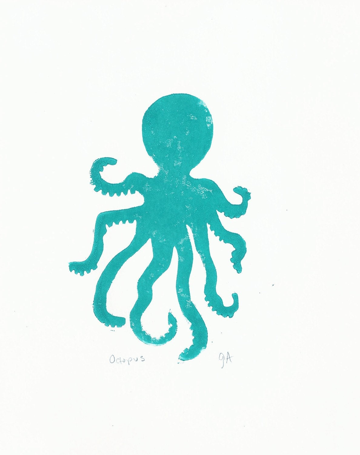 LINOCUT PRINT - Octopus TURQUOISE letterpress poster 8x10