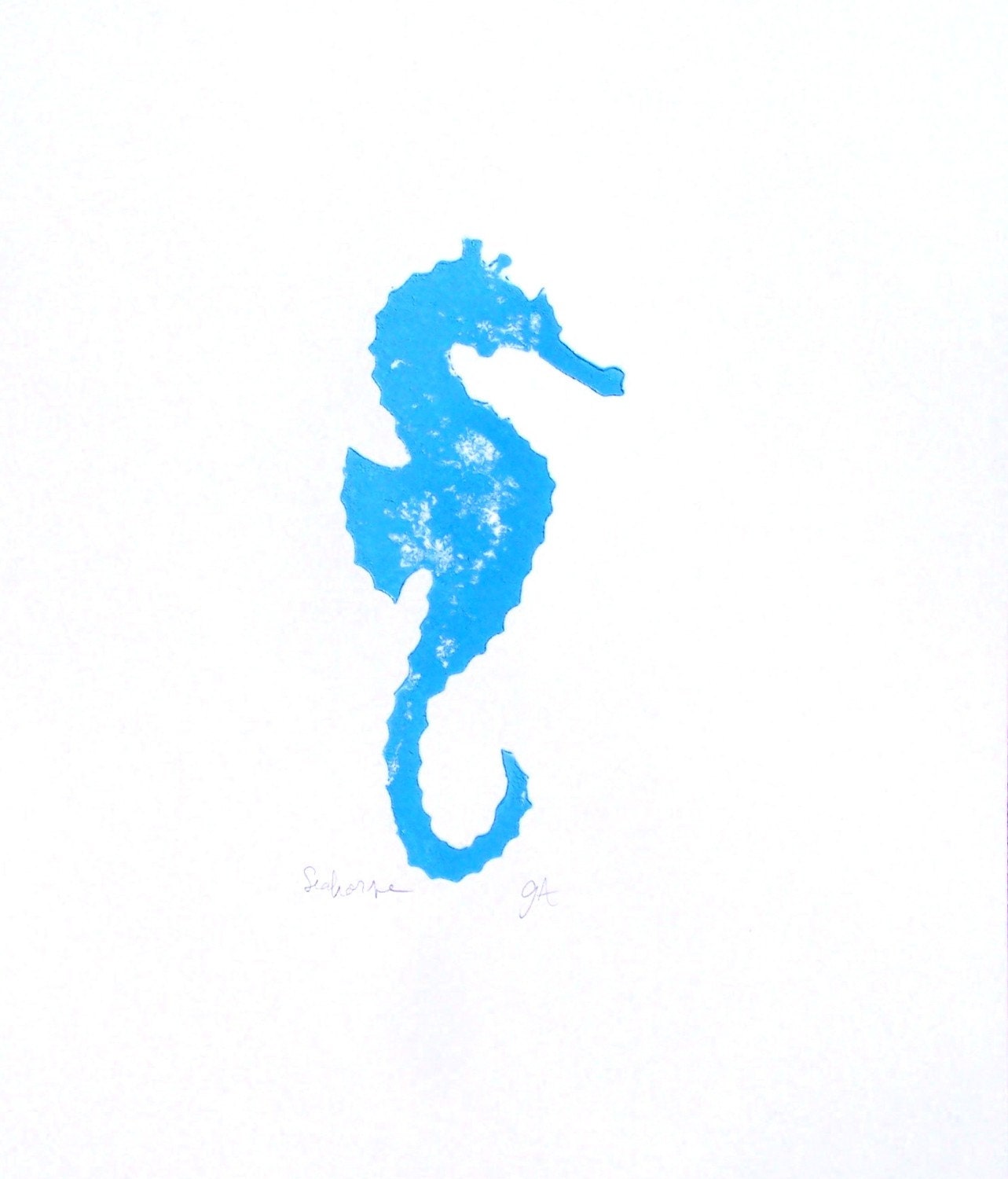 LINOCUT PRINT - seahorse LETTERPRESS blue poster 8x10