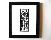 LINOCUT PRINT - Welcome BLACK typography letterpress poster 8x10